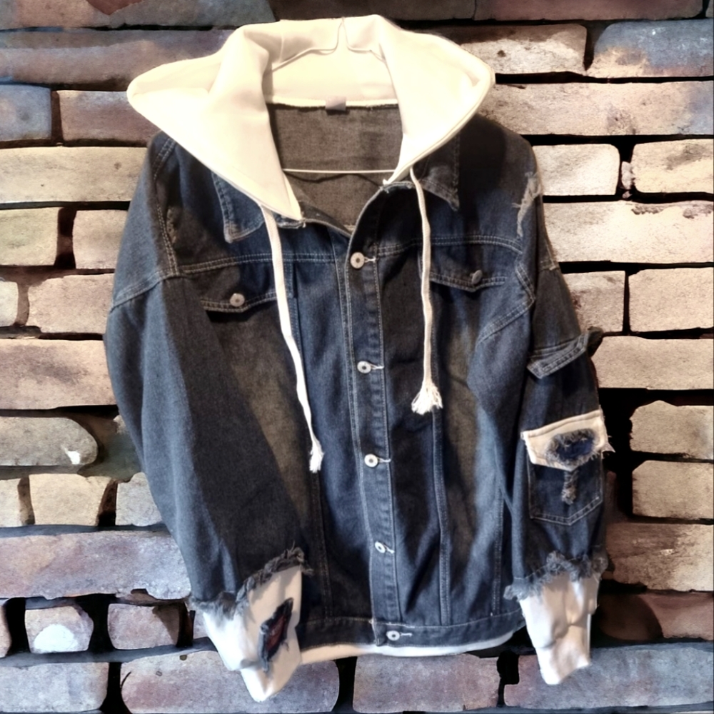 Distressed Denim Streetwear Hooded Jean Jacket